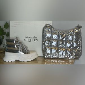 Silver Puffer Metallic Alexander McQueen Boots WITH A Matching Puffer Bag